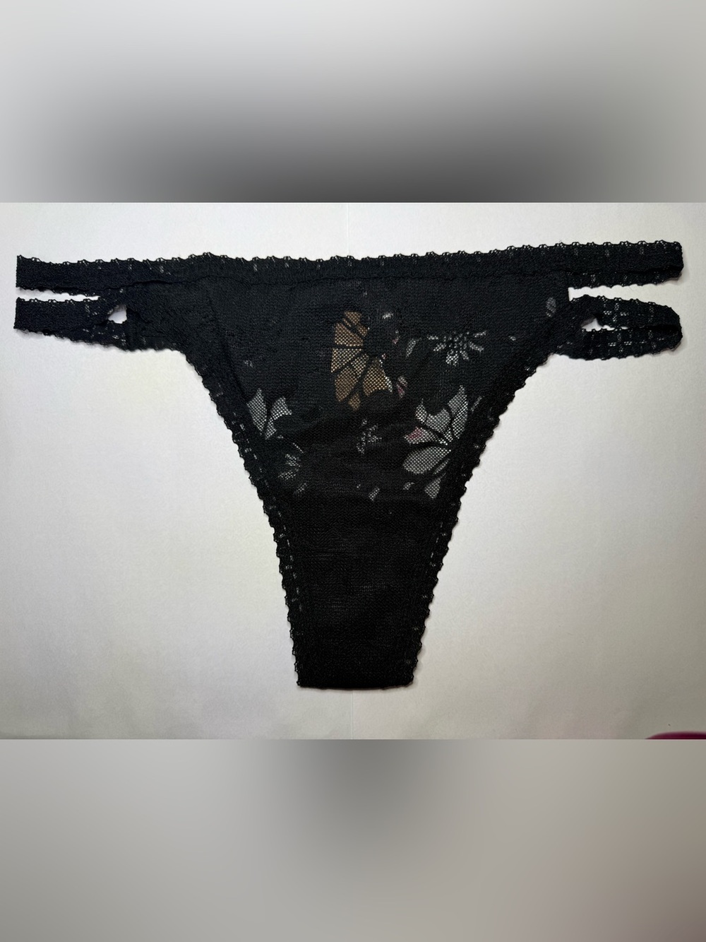 Pink Victoria Secret Black Lace Thong Panty Medium